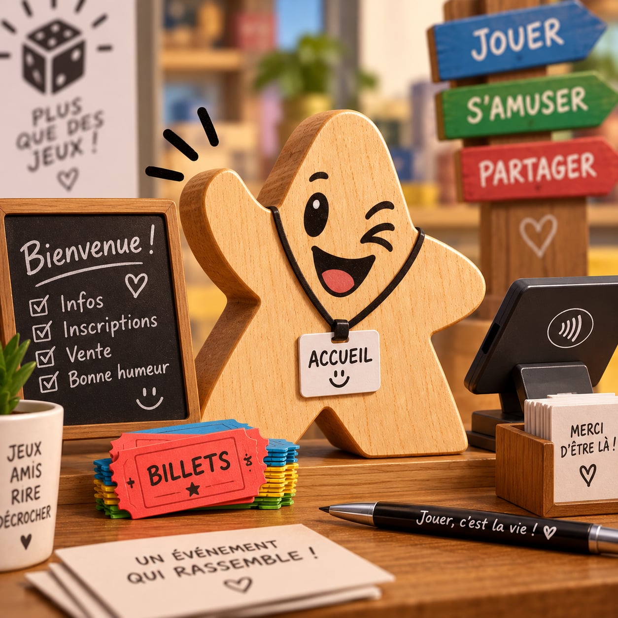Illustration d'un meeple à l'accueil